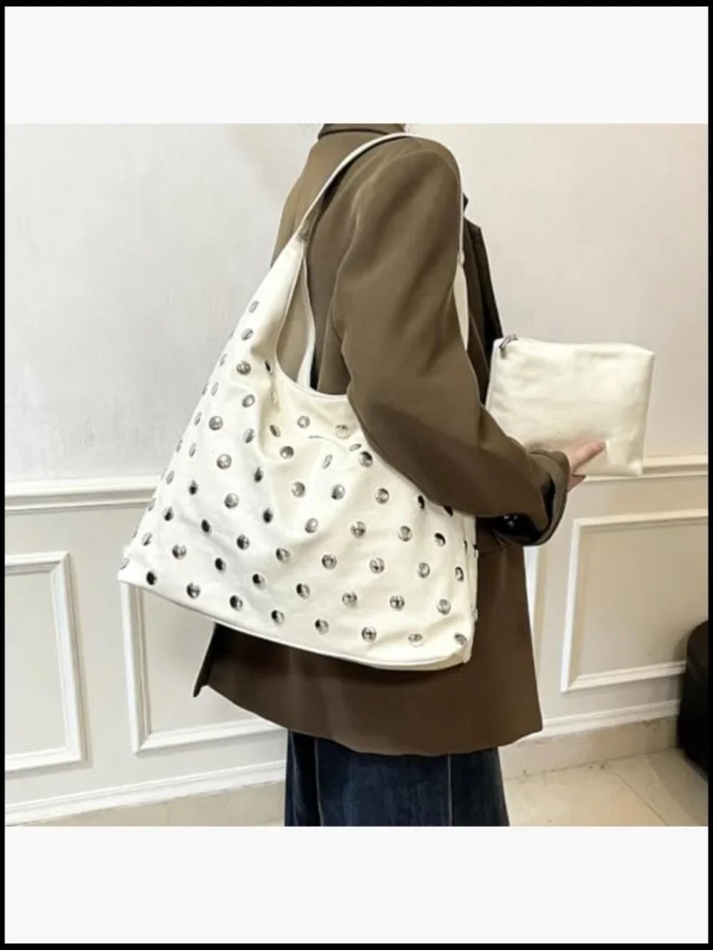 Studded Hobo Bag Vegan Leather Tote Purse Soft Slouchy Shoulder Bag